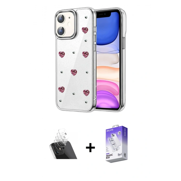 MARSİLYAN™- iPhone 11 Kılıf Yörünge Form - Siyah Bilvis 5in1 3D Magic Cam Ekran Koruyucu + Kamera Lens Koruma Cam - SF