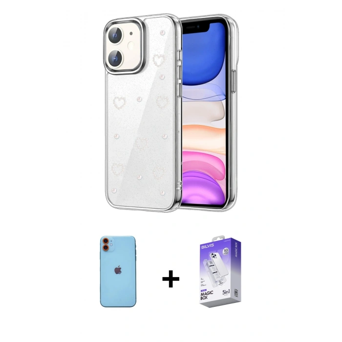 MARSİLYAN™- iPhone 11 Kılıf Yörünge Form - Siyah Bilvis 5in1 3D Magic Cam Ekran Koruyucu + Neon Fosforlu Kamera Lens - TU