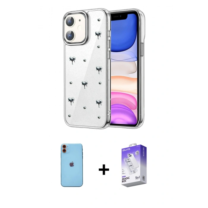 MARSİLYAN™- iPhone 11 Kılıf Yörünge Form - Siyah Bilvis 5in1 3D Magic Cam Ekran Koruyucu + Neon Fosforlu Kamera Lens - TU