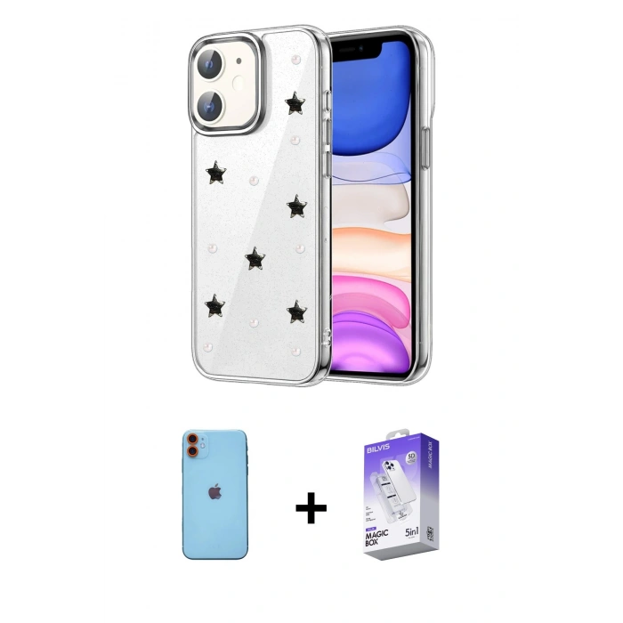 MARSİLYAN™- iPhone 11 Kılıf Yörünge Form - Siyah Bilvis 5in1 3D Magic Cam Ekran Koruyucu + Neon Fosforlu Kamera Lens - TU