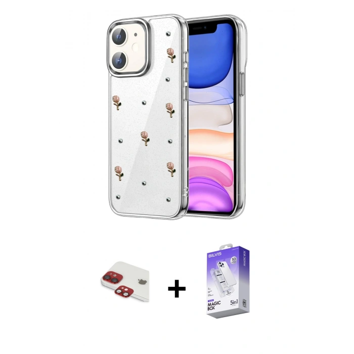 MARSİLYAN™- iPhone 11 Kılıf Yörünge Form - Siyah Bilvis 5in1 3D Magic Cam Ekran Koruyucu + Pers Alüminyum Kamera Lens - KI