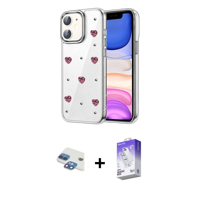 MARSİLYAN™- iPhone 11 Kılıf Yörünge Form - Siyah Bilvis 5in1 3D Magic Cam Ekran Koruyucu + Pers Alüminyum Kamera Lens - GI