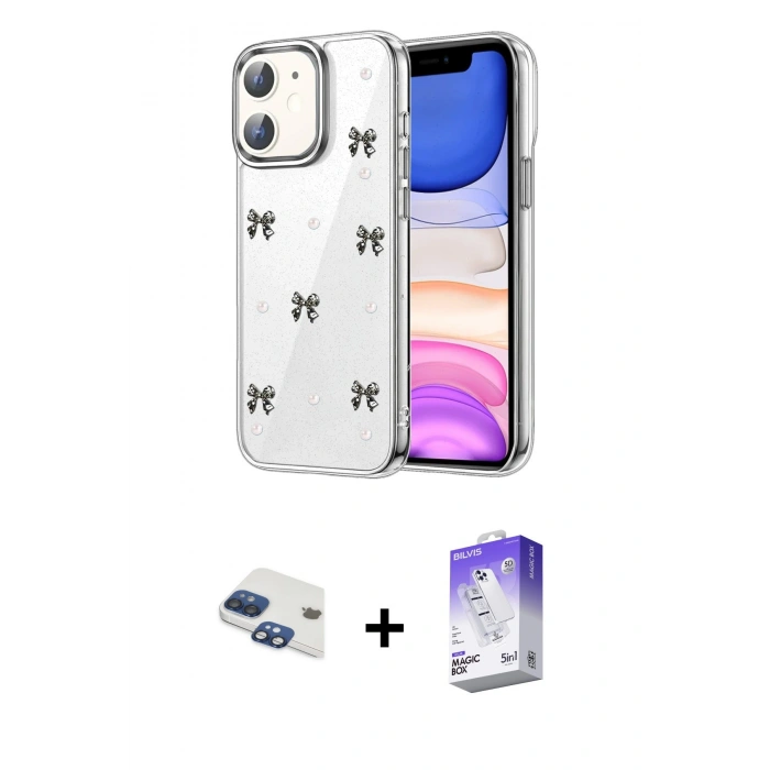 MARSİLYAN™- iPhone 11 Kılıf Yörünge Form - Siyah Bilvis 5in1 3D Magic Cam Ekran Koruyucu + Pers Alüminyum Kamera Lens - LT