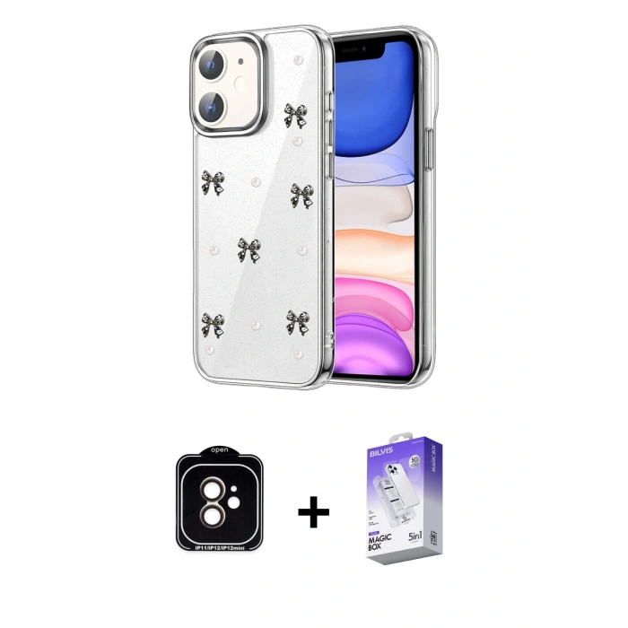 MARSİLYAN™- iPhone 11 Kılıf Yörünge Form - Siyah Bilvis 5in1 3D Magic Cam Ekran Koruyucu + PVD Metal Kamera Lens - TU