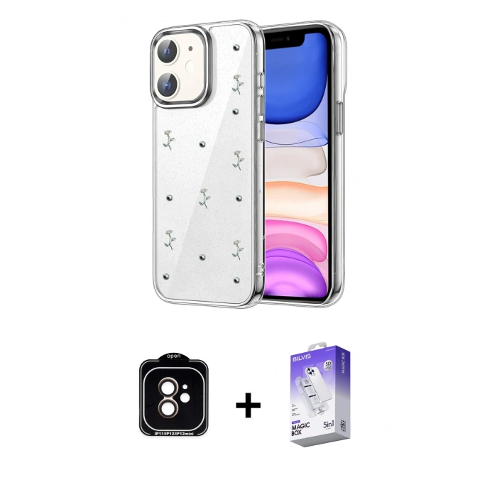 MARSİLYAN™- iPhone 11 Kılıf Yörünge Form - Siyah Bilvis 5in1 3D Magic Cam Ekran Koruyucu + PVD Metal Kamera Lens - TU
