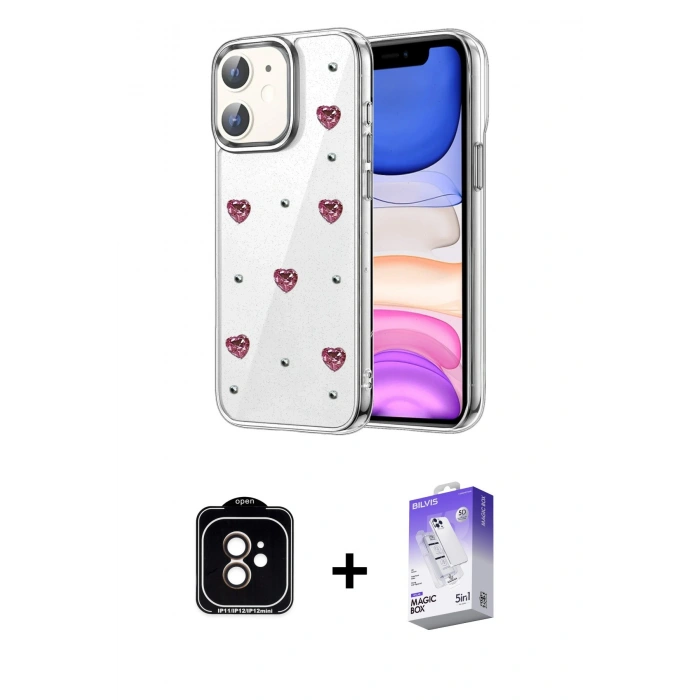 MARSİLYAN™- iPhone 11 Kılıf Yörünge Form - Siyah Bilvis 5in1 3D Magic Cam Ekran Koruyucu + PVD Metal Kamera Lens - TU