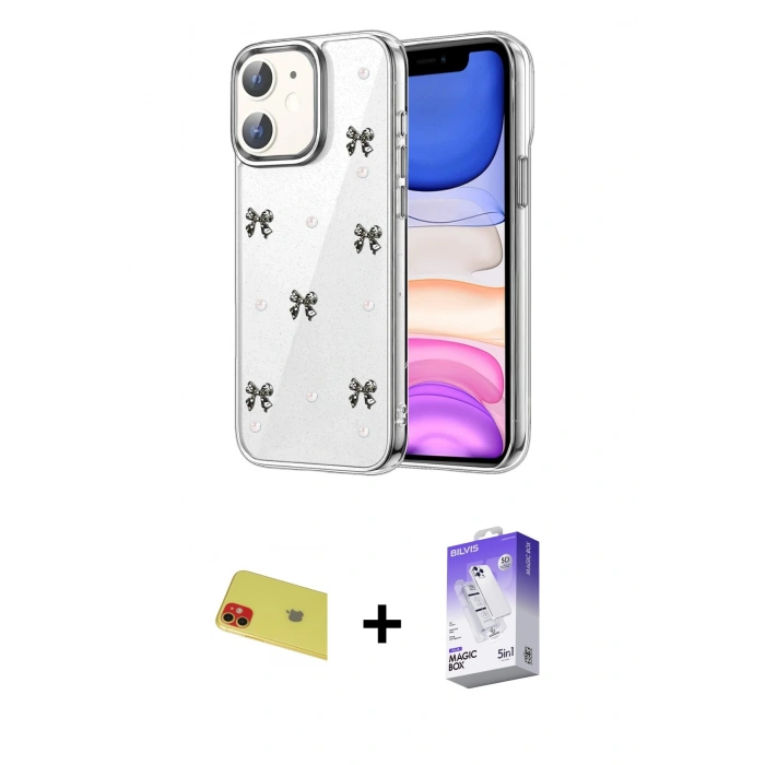 MARSİLYAN™- iPhone 11 Kılıf Yörünge Form - Siyah Bilvis 5in1 3D Magic Cam Ekran Koruyucu + Rainbow Kamera Lens Koruma Cam - KI