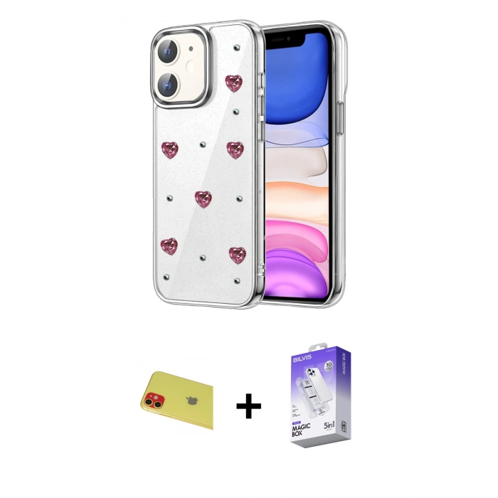 MARSİLYAN™- iPhone 11 Kılıf Yörünge Form - Siyah Bilvis 5in1 3D Magic Cam Ekran Koruyucu + Rainbow Kamera Lens Koruma Cam - KI