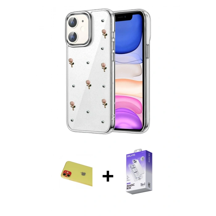 MARSİLYAN™- iPhone 11 Kılıf Yörünge Form - Siyah Bilvis 5in1 3D Magic Cam Ekran Koruyucu + Rainbow Kamera Lens Koruma Cam - KI