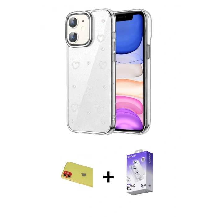 MARSİLYAN™- iPhone 11 Kılıf Yörünge Form - Siyah Bilvis 5in1 3D Magic Cam Ekran Koruyucu + Rainbow Kamera Lens Koruma Cam - KI