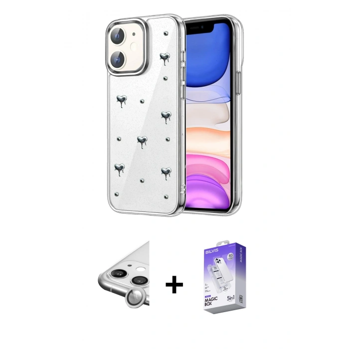 MARSİLYAN™- iPhone 11 Kılıf Yörünge Form - Siyah Bilvis 5in1 3D Magic Cam Ekran Koruyucu + Raze Metal Kamera Lens - GS
