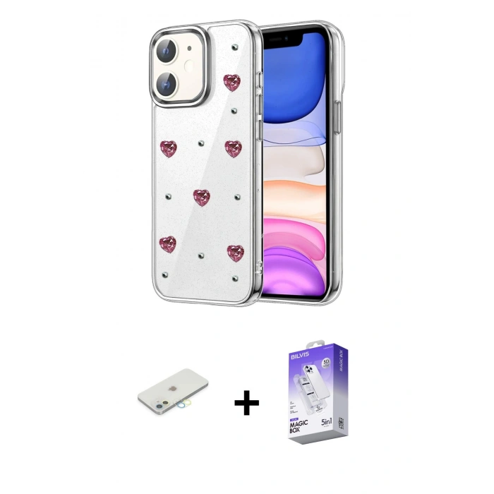 MARSİLYAN™- iPhone 11 Kılıf Yörünge Form - Siyah Bilvis 5in1 3D Magic Cam Ekran Koruyucu + Renkli Kamera Lens Koruma Cam - SI