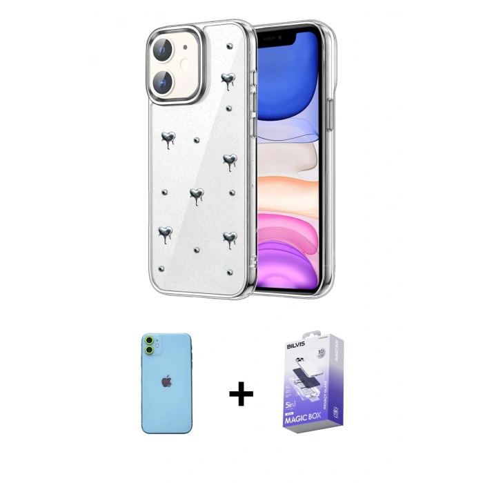 MARSİLYAN™- iPhone 11 Kılıf Yörünge Form - Siyah Bilvis 5in1 5D Magic Hayalet Cam Ekran Koruyucu + Neon Fosforlu Kamera Lens - YL