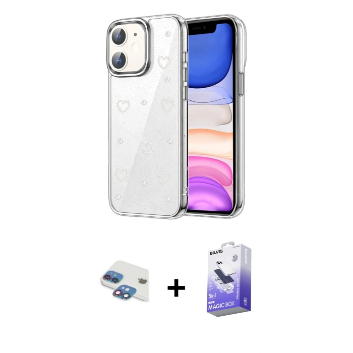 MARSİLYAN™- iPhone 11 Kılıf Yörünge Form - Siyah Bilvis 5in1 5D Magic Hayalet Cam Ekran Koruyucu + Pers Alüminyum Kamera Lens - GI