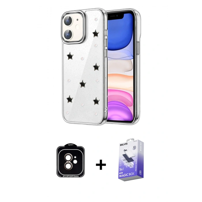 MARSİLYAN™- iPhone 11 Kılıf Yörünge Form - Siyah Bilvis 5in1 5D Magic Hayalet Cam Ekran Koruyucu + PVD Metal Kamera Lens - TU