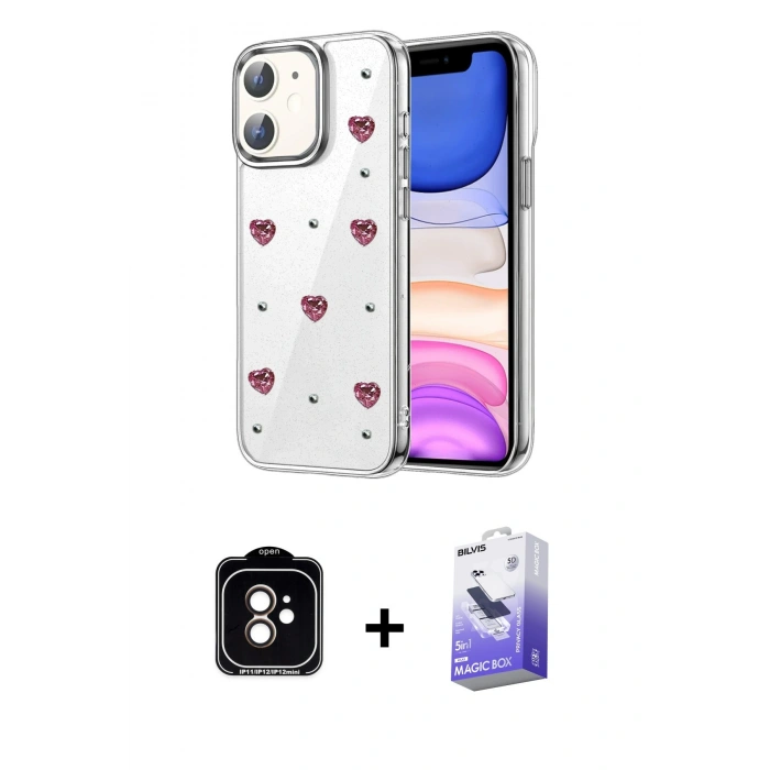 MARSİLYAN™- iPhone 11 Kılıf Yörünge Form - Siyah Bilvis 5in1 5D Magic Hayalet Cam Ekran Koruyucu + PVD Metal Kamera Lens - TU