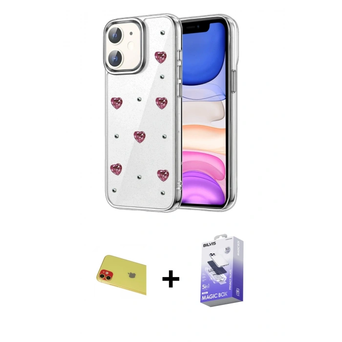 MARSİLYAN™- iPhone 11 Kılıf Yörünge Form - Siyah Bilvis 5in1 5D Magic Hayalet Cam Ekran Koruyucu + Rainbow Kamera Lens Koruma Cam - KI
