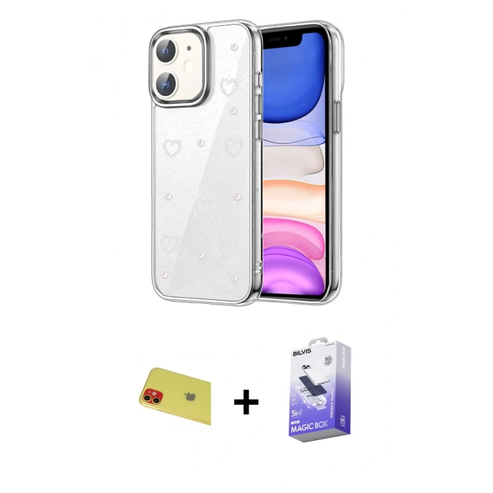 MARSİLYAN™- iPhone 11 Kılıf Yörünge Form - Siyah Bilvis 5in1 5D Magic Hayalet Cam Ekran Koruyucu + Rainbow Kamera Lens Koruma Cam - KI