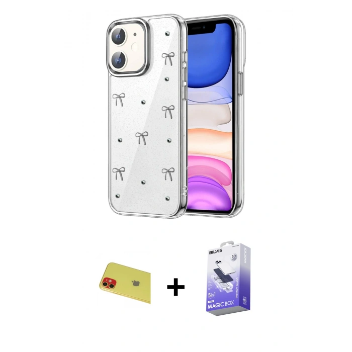 MARSİLYAN™- iPhone 11 Kılıf Yörünge Form - Siyah Bilvis 5in1 5D Magic Hayalet Cam Ekran Koruyucu + Rainbow Kamera Lens Koruma Cam - KI