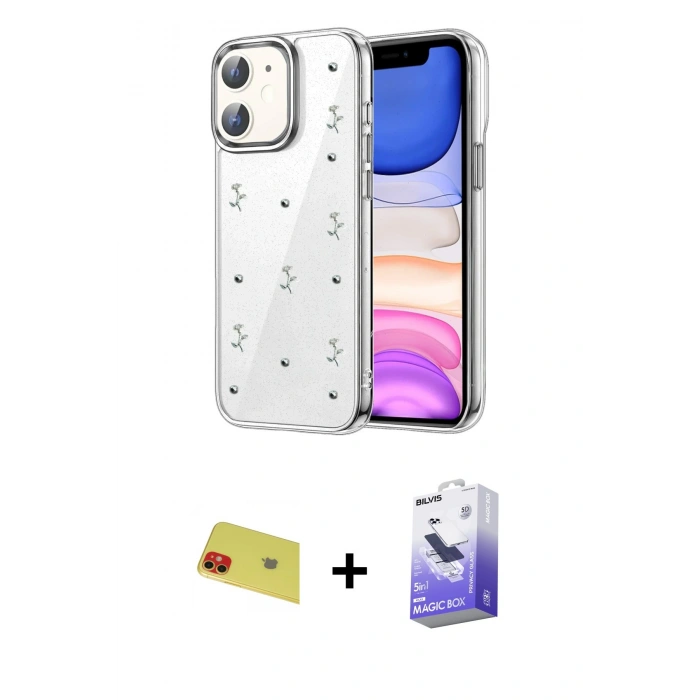 MARSİLYAN™- iPhone 11 Kılıf Yörünge Form - Siyah Bilvis 5in1 5D Magic Hayalet Cam Ekran Koruyucu + Rainbow Kamera Lens Koruma Cam - KI