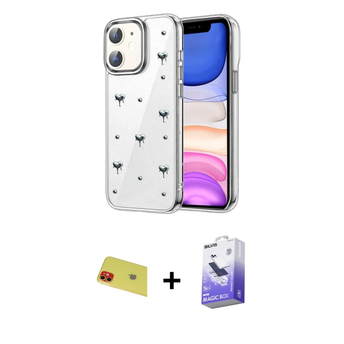 MARSİLYAN™- iPhone 11 Kılıf Yörünge Form - Siyah Bilvis 5in1 5D Magic Hayalet Cam Ekran Koruyucu + Rainbow Kamera Lens Koruma Cam - KI