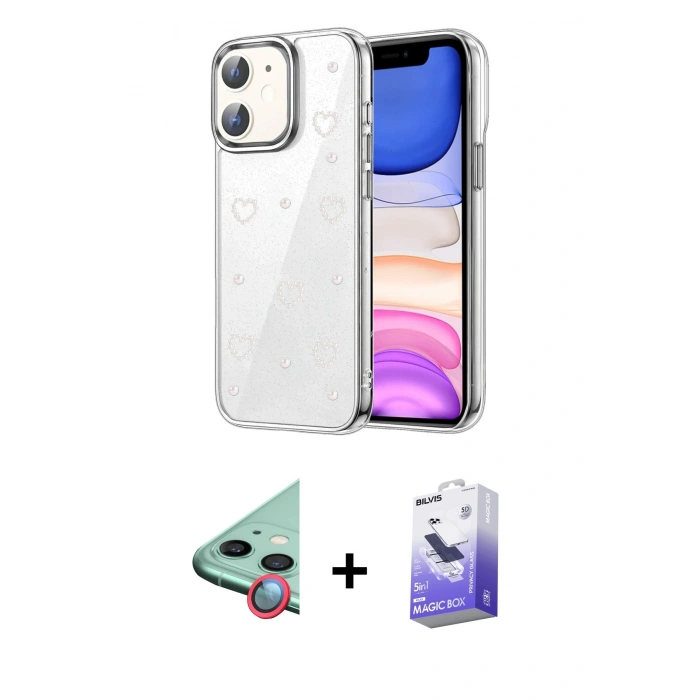 MARSİLYAN™- iPhone 11 Kılıf Yörünge Form - Siyah Bilvis 5in1 5D Magic Hayalet Cam Ekran Koruyucu + Raze Metal Kamera Lens - KI