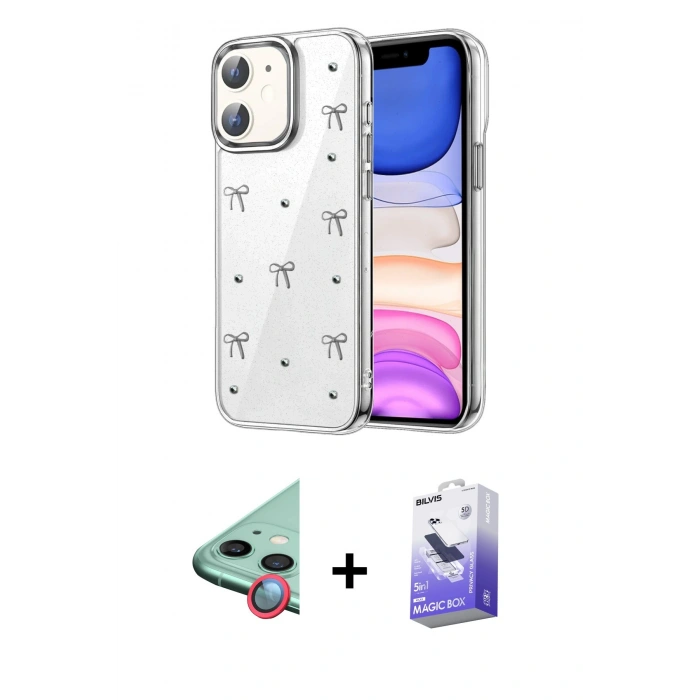 MARSİLYAN™- iPhone 11 Kılıf Yörünge Form - Siyah Bilvis 5in1 5D Magic Hayalet Cam Ekran Koruyucu + Raze Metal Kamera Lens - KI