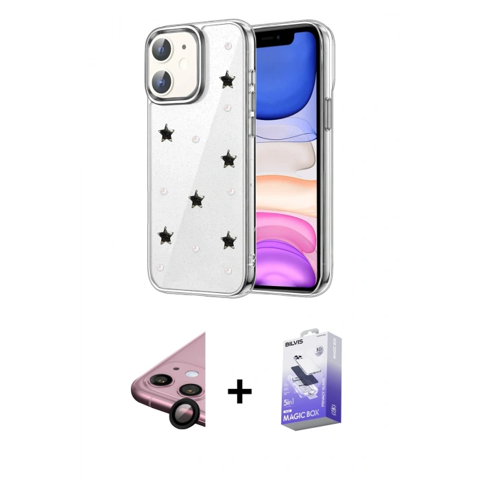 MARSİLYAN™- iPhone 11 Kılıf Yörünge Form - Siyah Bilvis 5in1 5D Magic Hayalet Cam Ekran Koruyucu + Raze Metal Kamera Lens - SH