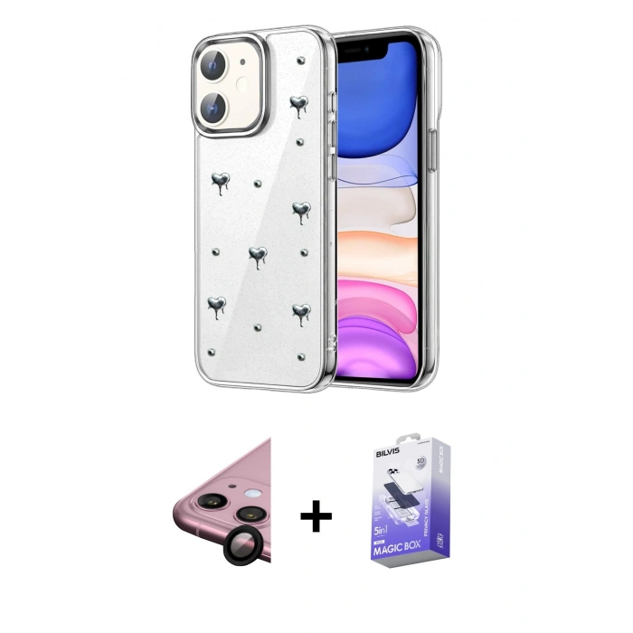 MARSİLYAN™- iPhone 11 Kılıf Yörünge Form - Siyah Bilvis 5in1 5D Magic Hayalet Cam Ekran Koruyucu + Raze Metal Kamera Lens - SH