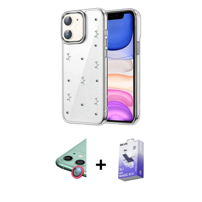 MARSİLYAN™- iPhone 11 Kılıf Yörünge Form - Siyah Bilvis 5in1 5D Magic Hayalet Cam Ekran Koruyucu + Raze Metal Kamera Lens - KI