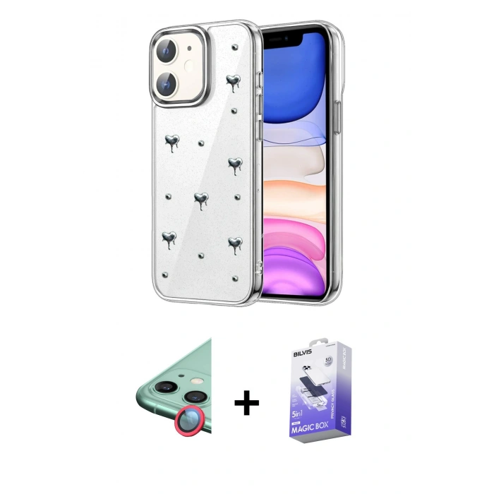 MARSİLYAN™- iPhone 11 Kılıf Yörünge Form - Siyah Bilvis 5in1 5D Magic Hayalet Cam Ekran Koruyucu + Raze Metal Kamera Lens - KI