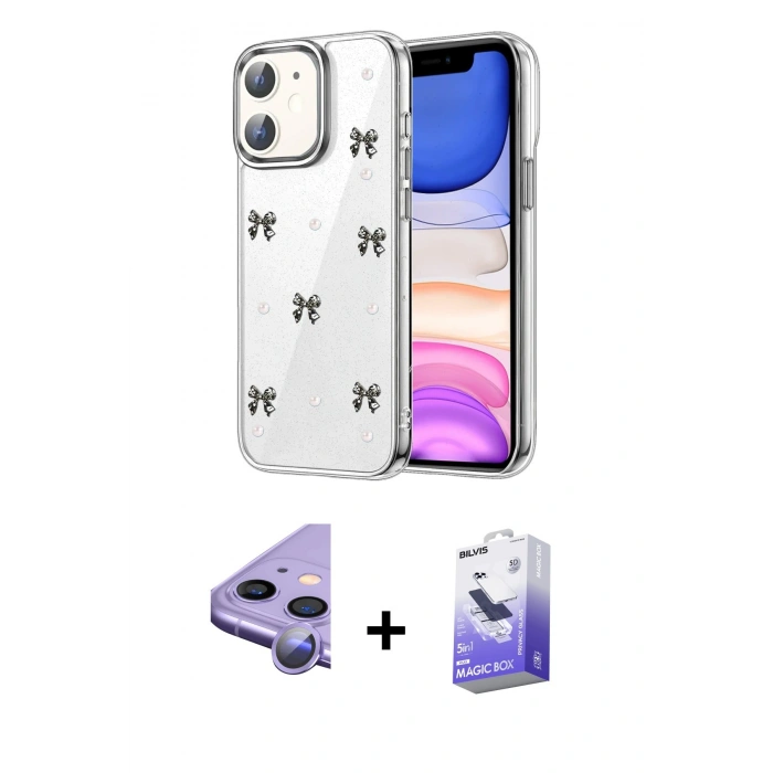MARSİLYAN™- iPhone 11 Kılıf Yörünge Form - Siyah Bilvis 5in1 5D Magic Hayalet Cam Ekran Koruyucu + Raze Metal Kamera Lens - MR