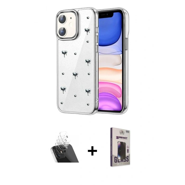 MARSİLYAN™- iPhone 11 Kılıf Yörünge Form - Siyah Bilvis Hayalet Cam Ekran Koruyucu + Kamera Lens Koruma Cam - SF