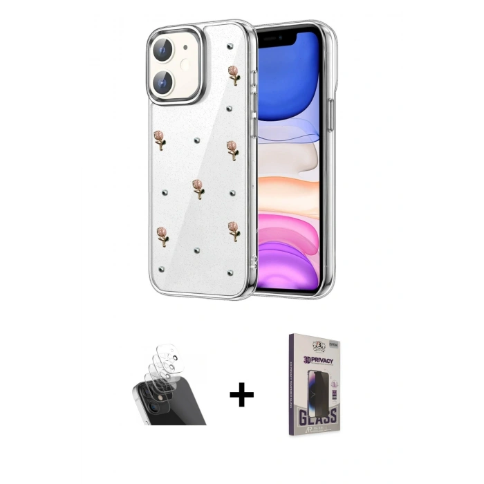 MARSİLYAN™- iPhone 11 Kılıf Yörünge Form - Siyah Bilvis Hayalet Cam Ekran Koruyucu + Kamera Lens Koruma Cam - SF
