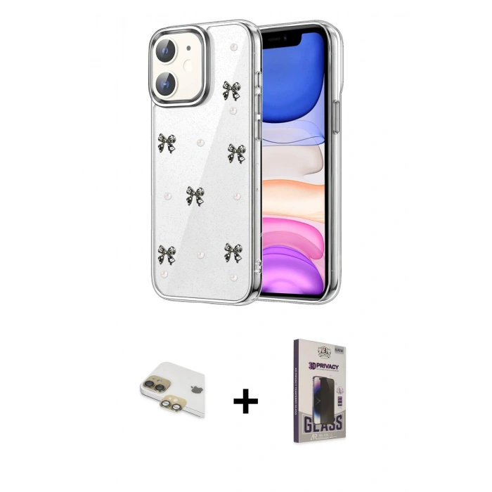 MARSİLYAN™- iPhone 11 Kılıf Yörünge Form - Siyah Bilvis Hayalet Cam Ekran Koruyucu + Pers Alüminyum Kamera Lens - GD