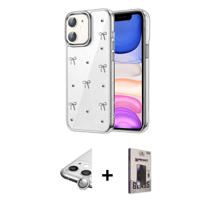 MARSİLYAN™- iPhone 11 Kılıf Yörünge Form - Siyah Bilvis Hayalet Cam Ekran Koruyucu + Raze Metal Kamera Lens - GS