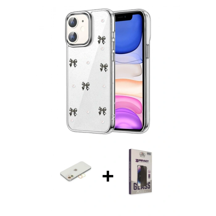 MARSİLYAN™- iPhone 11 Kılıf Yörünge Form - Siyah Bilvis Hayalet Cam Ekran Koruyucu + Renkli Kamera Lens Koruma Cam - SI