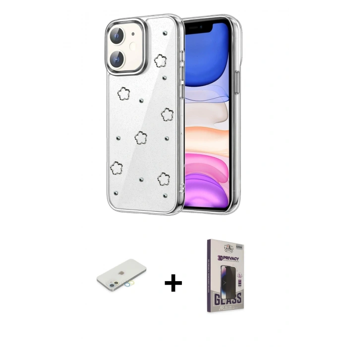 MARSİLYAN™- iPhone 11 Kılıf Yörünge Form - Siyah Bilvis Hayalet Cam Ekran Koruyucu + Renkli Kamera Lens Koruma Cam - SI
