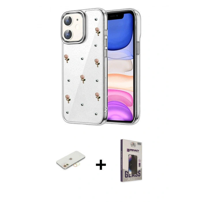 MARSİLYAN™- iPhone 11 Kılıf Yörünge Form - Siyah Bilvis Hayalet Cam Ekran Koruyucu + Renkli Kamera Lens Koruma Cam - SI