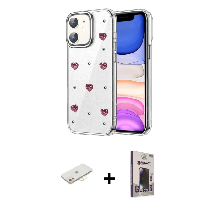 MARSİLYAN™- iPhone 11 Kılıf Yörünge Form - Siyah Bilvis Hayalet Cam Ekran Koruyucu + Renkli Kamera Lens Koruma Cam - SI