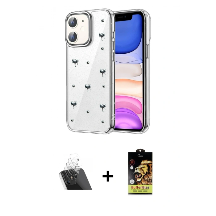 MARSİLYAN™- iPhone 11 Kılıf Yörünge Form - Siyah Buffer Cam Ekran Koruyucu + Kamera Lens Koruma Cam - SF