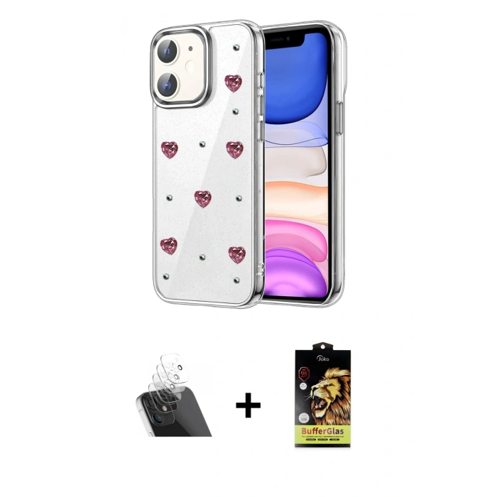 MARSİLYAN™- iPhone 11 Kılıf Yörünge Form - Siyah Buffer Cam Ekran Koruyucu + Kamera Lens Koruma Cam - SF