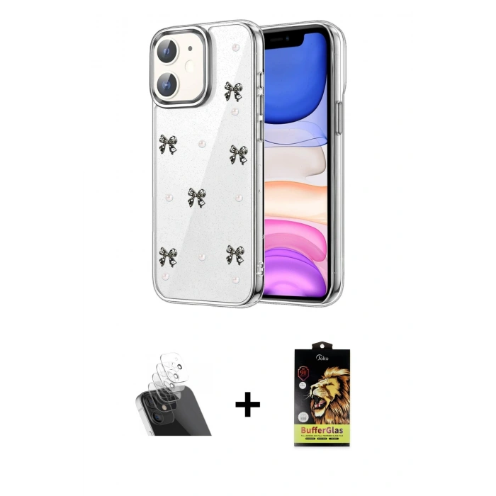 MARSİLYAN™- iPhone 11 Kılıf Yörünge Form - Siyah Buffer Cam Ekran Koruyucu + Kamera Lens Koruma Cam - SF