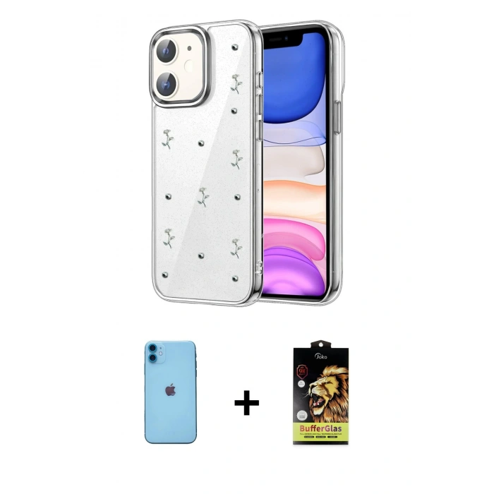 MARSİLYAN™- iPhone 11 Kılıf Yörünge Form - Siyah Buffer Cam Ekran Koruyucu + Neon Fosforlu Kamera Lens - MI
