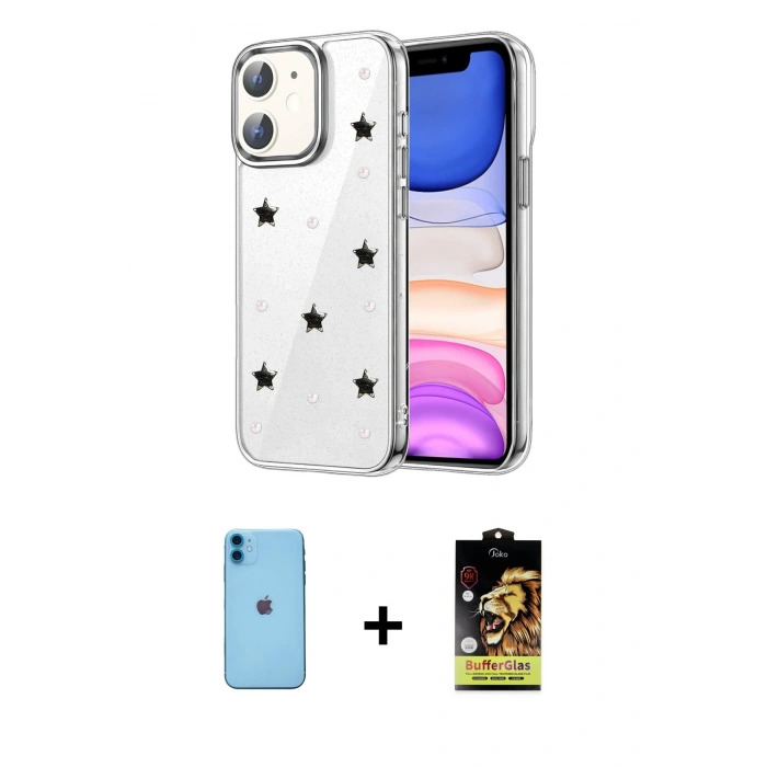 MARSİLYAN™- iPhone 11 Kılıf Yörünge Form - Siyah Buffer Cam Ekran Koruyucu + Neon Fosforlu Kamera Lens - MI