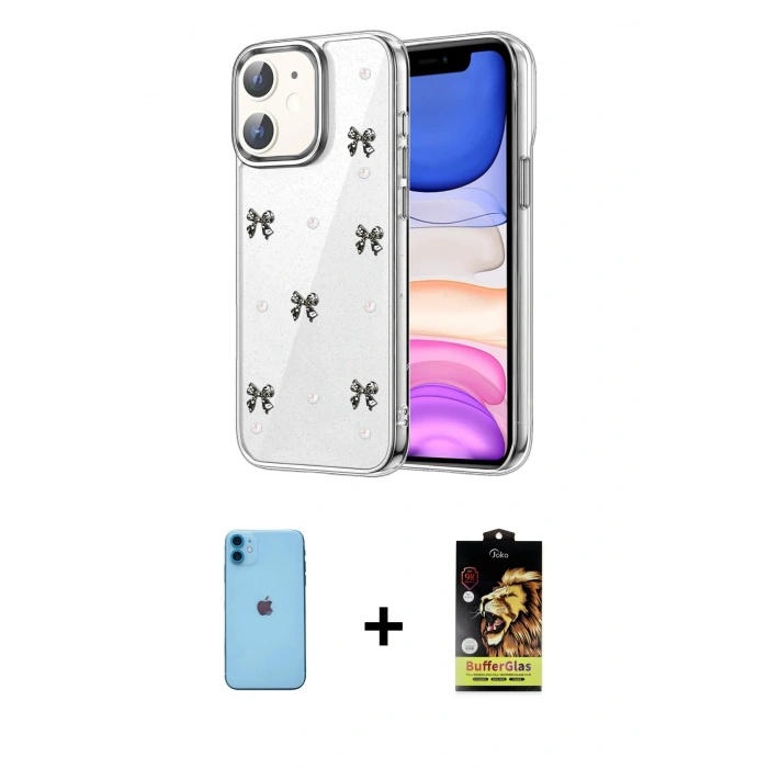 MARSİLYAN™- iPhone 11 Kılıf Yörünge Form - Siyah Buffer Cam Ekran Koruyucu + Neon Fosforlu Kamera Lens - MI