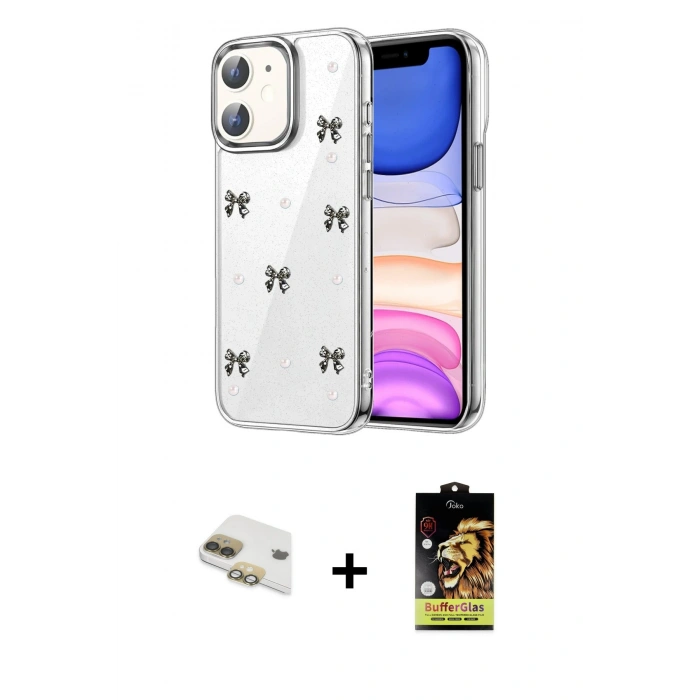 MARSİLYAN™- iPhone 11 Kılıf Yörünge Form - Siyah Buffer Cam Ekran Koruyucu + Pers Alüminyum Kamera Lens - GD