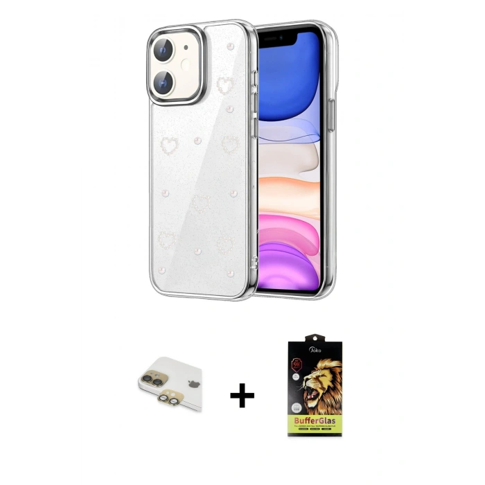 MARSİLYAN™- iPhone 11 Kılıf Yörünge Form - Siyah Buffer Cam Ekran Koruyucu + Pers Alüminyum Kamera Lens - GD