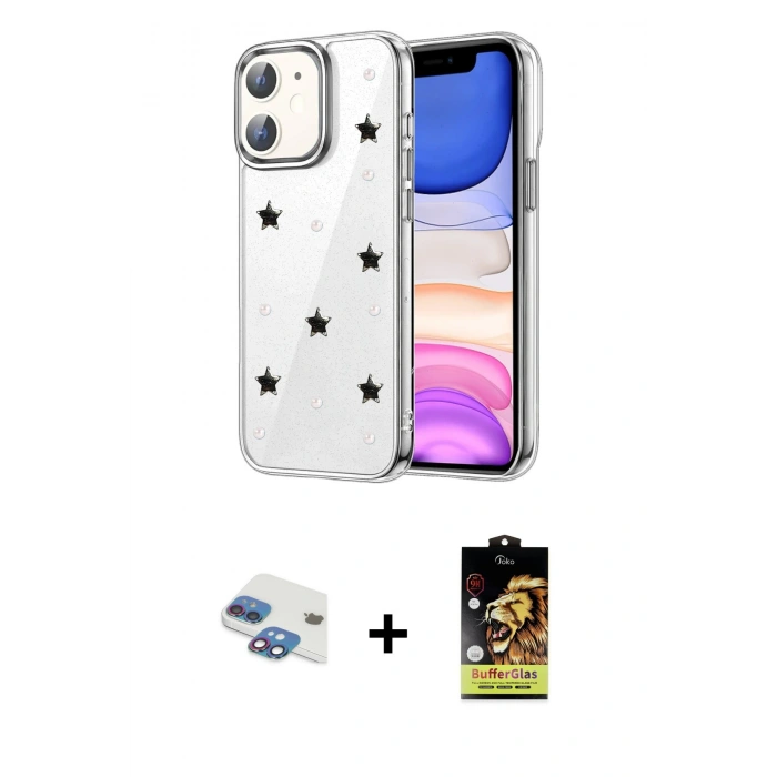 MARSİLYAN™- iPhone 11 Kılıf Yörünge Form - Siyah Buffer Cam Ekran Koruyucu + Pers Alüminyum Kamera Lens - GI
