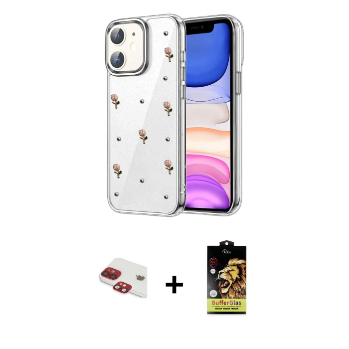MARSİLYAN™- iPhone 11 Kılıf Yörünge Form - Siyah Buffer Cam Ekran Koruyucu + Pers Alüminyum Kamera Lens - KI